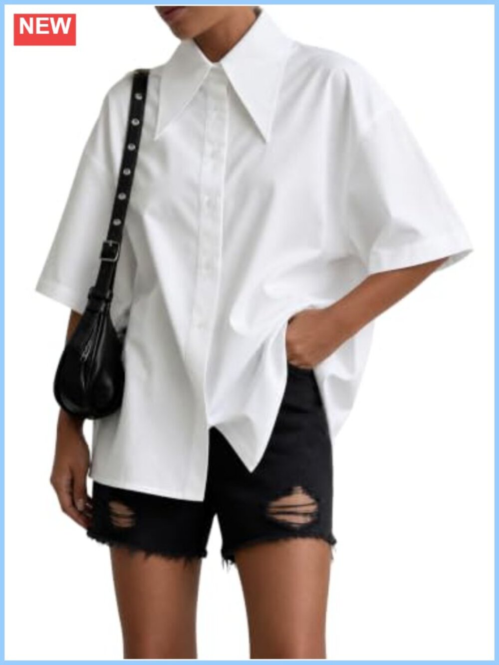 Oversize Collar Button Down Short Sleeve Work Blouse Shirt Top - Polyester